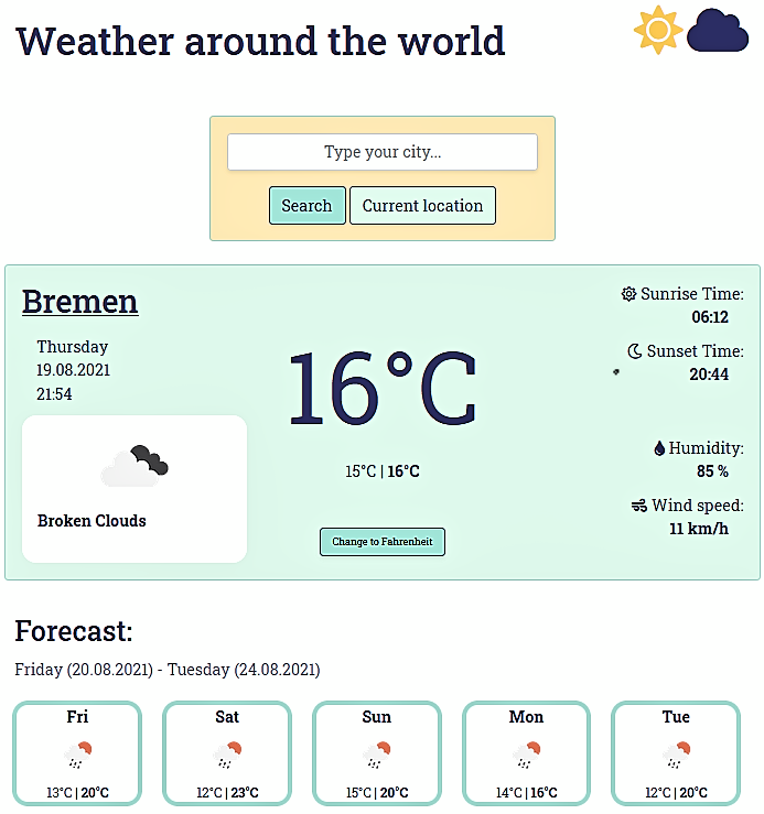 Screenshot of weather app project